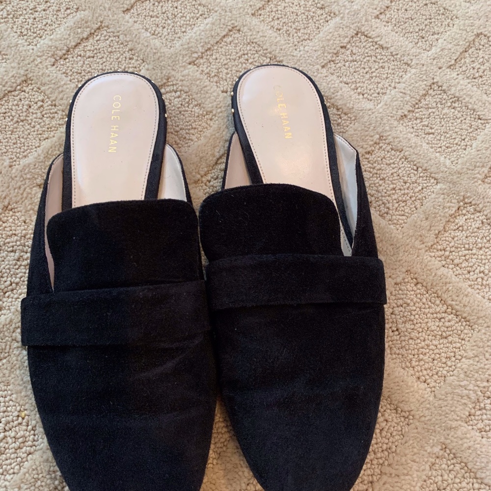 Cole Haan Black Suede Loafer Mule Gold Detail 10